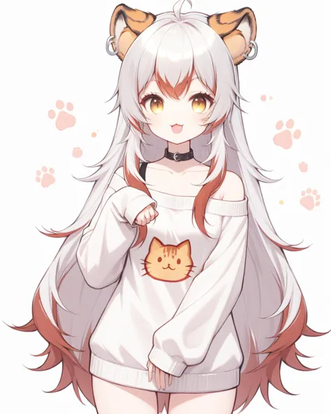 anime girl with white hair and cat ears holding a cat