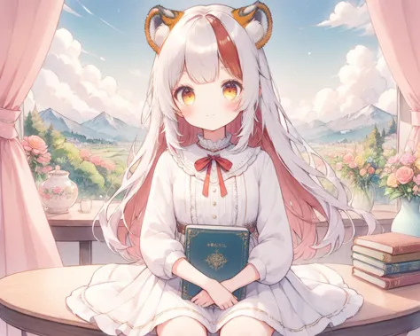 anime girl sitting on a table with a book in her lap