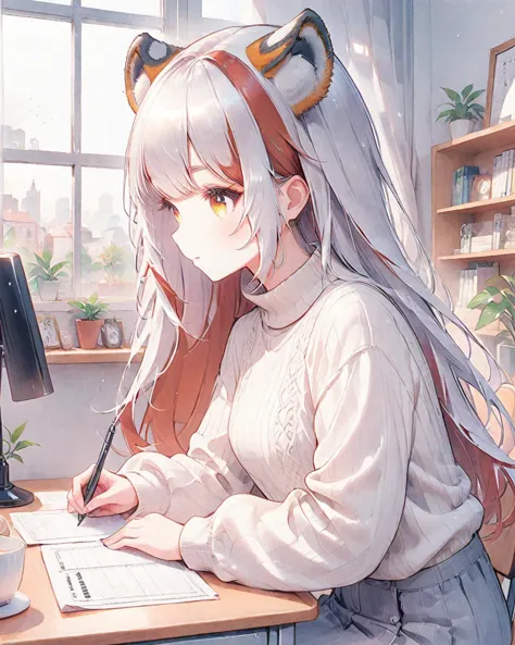 anime girl sitting at a desk with a computer and a cat ear headband