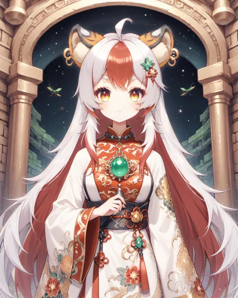 anime girl with long white hair and red and white dress