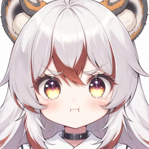 anime girl with white hair and brown ears with a cat ears