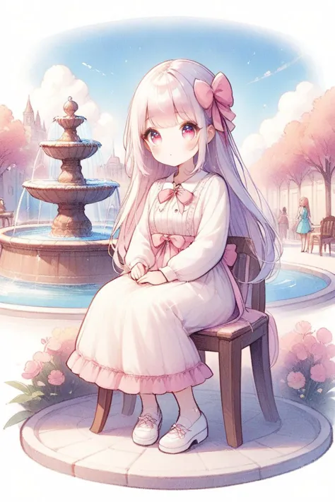 anime girl sitting on a chair in front of a fountain