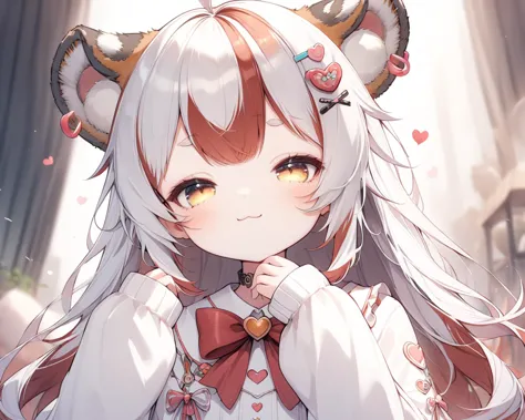 1girl,solo,virtual youtuber,sleeves past wrists,solo,twin braids,ahoge,pipi hairclip,heart hairclip,bow hairclip,bunny hairclip,red bow hairclip,tiny heart hairclip,half-closed eyes,smug,closed mouth,:3,indoors,volumetric lighting,depth of field,blurry background,masterpiece,best quality,ultra-detailed,very aesthetic,illustration,perfect composition,intricate details,absurdres,
<lyco:jbxl16:0.7>,tiger ears, (White hair,red hair,multicolored hair)