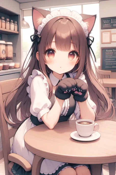 anime girl sitting at a table with a cup of coffee