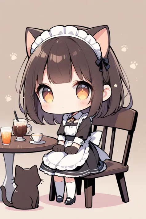 anime girl sitting at a table with a cat next to her