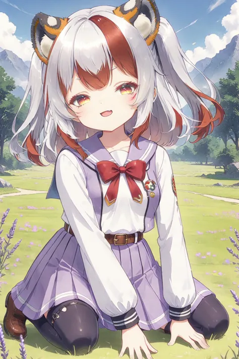 anime girl sitting in a field with a cat ears on her head