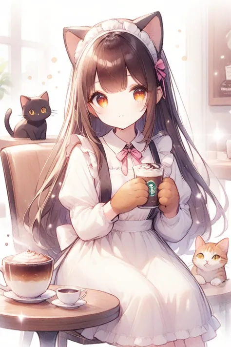 anime girl with long hair sitting at a table with a cup of coffee