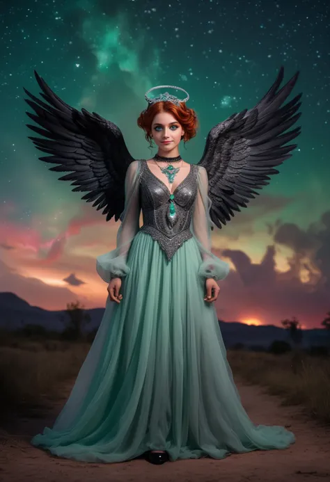 (medium full shot) of (ethereal dark angel with black wings) young woman, average build, medium ginger updo hair, persian, mahog...