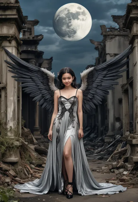 (medium full shot) of (celestial dark angel with black wings) young woman, petite build, medium dark french twist hair, chinese,...