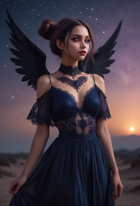 (medium full shot) of (enchanting dark angel with black wings) young woman, willowy build, extra long red low bun hair, arabian,...