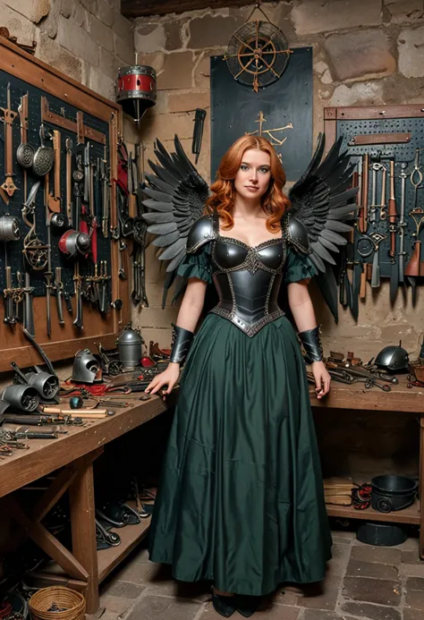 (medium full shot) of (enchanting dark angel with black wings) young woman, medium build, long ginger retro hair, french, tan sk...