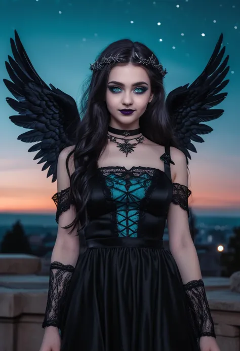 (medium full shot) of (otherworldly dark angel with black wings) young woman, petite build, long dark half-up half-down hair, fr...