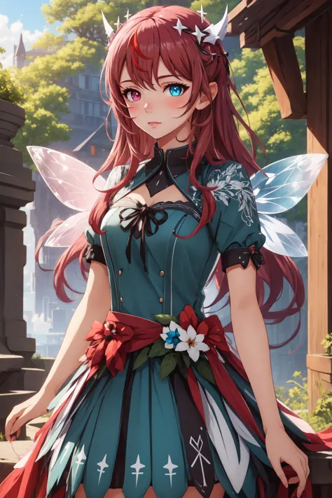 (masterpiece, best quality),  intricate details,
1girl,   IrysHolo, heterochromia, long hair, halo,  red hair, 
 fairy dress,