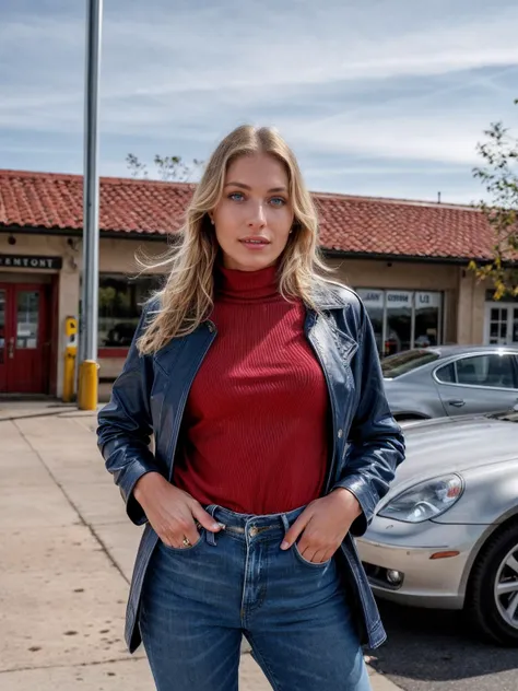 a woman standing in front of a silver car in a parking lot