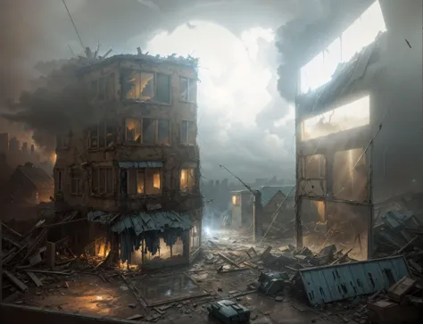 a picture taken from a video game shows a destroyed building