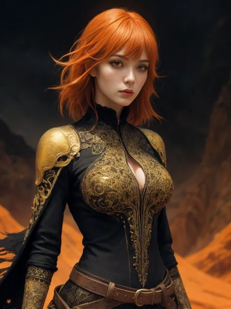 a woman with red hair and a black top is standing in a desert