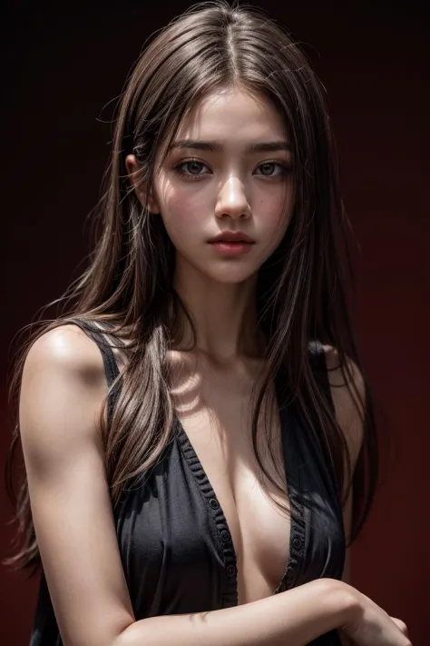 <lora:detailer:0.8> ,a 20 yo woman,long hair,dark theme, soothing tones, muted colors, high contrast, (natural skin texture, hyperrealism, soft light, sharp),red background,simple background