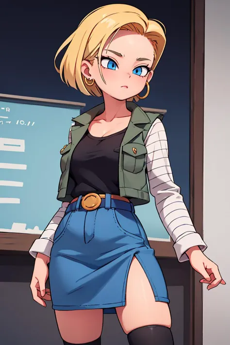 (masterpiece, best quality), 1girl,   <lora:android18-lora-nochekaiser:1> android 18, blonde hair, blue eyes, eyelashes, hoop earrings, short hair, earrings belt, black legwear, black shirt, breast pocket, cleavage, collarbone, denim, denim skirt, high-waist skirt, jewelry, long sleeves, pocket, shirt, shirt tucked in, skirt, striped, striped sleeves, waistcoat,