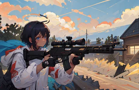 anime girl with rifle in front of a house