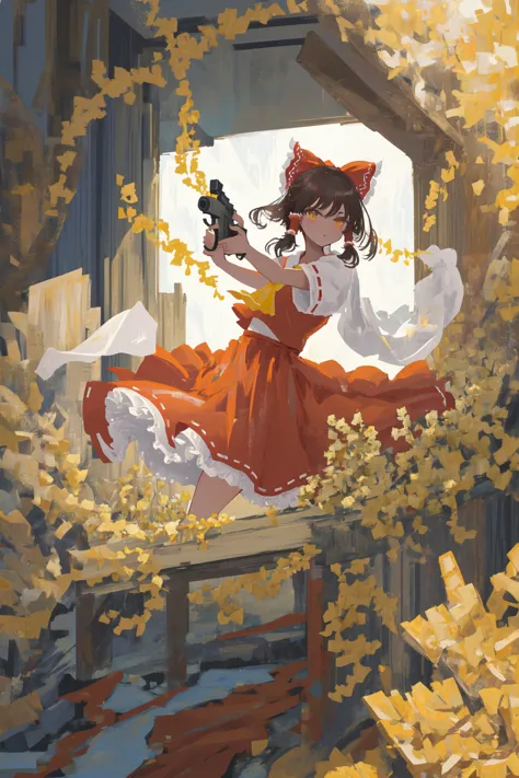 anime girl with gun in window with autumn leaves