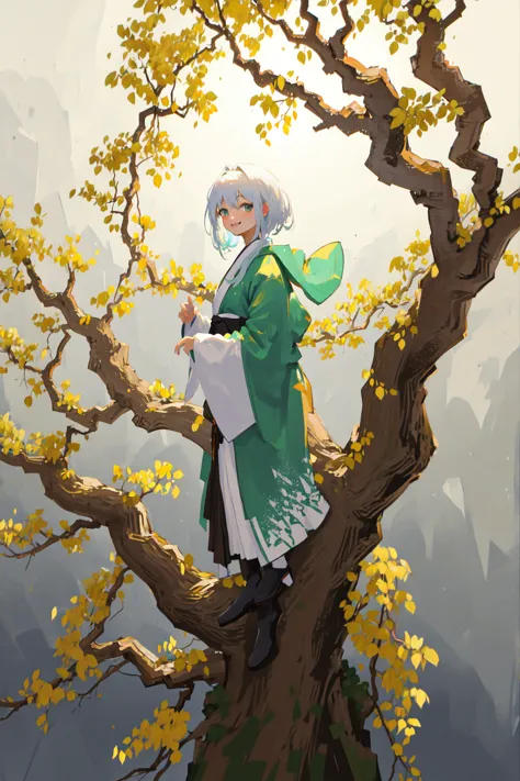 a painting of a woman in a green dress standing on a tree