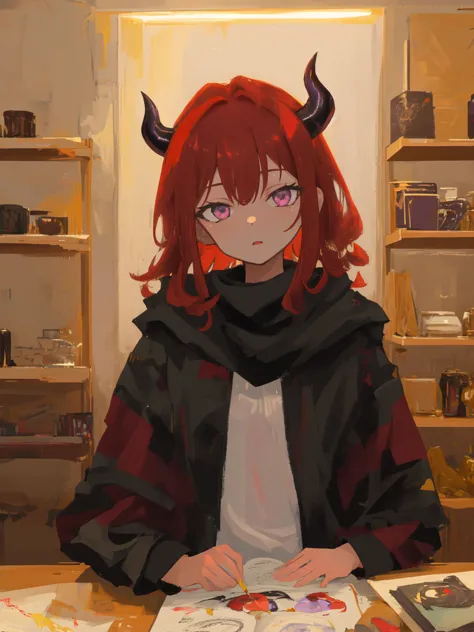 anime girl with red hair and horns sitting at a table