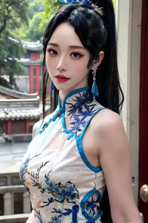 ltra-detailed,highly detailed,best quality,masterpiece,illustration,realistic,photorealistic,
yaodaoji, qinghuaci, 
1girl, solo, 
qipao, china dress, chinese clothes, see-through, 
ponytail, hair ornament, long hair, 
jewelry, earrings, 
looking at viewer, upper body, 
outdoors, nature, photo background,
 <lora:yaodaoji_qhc_v1_08:0.8>