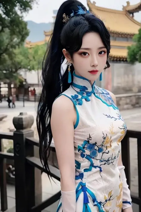 ltra-detailed,highly detailed,best quality,masterpiece,illustration,realistic,photorealistic,
yaodaoji, qinghuaci, 
1girl, solo, 
qipao, china dress, chinese clothes, see-through, 
ponytail, hair ornament, long hair, 
jewelry, earrings, 
looking at viewer, upper body, 
outdoors, nature, photo background,
 <lora:yaodaoji_qhc_v1_08:0.7>