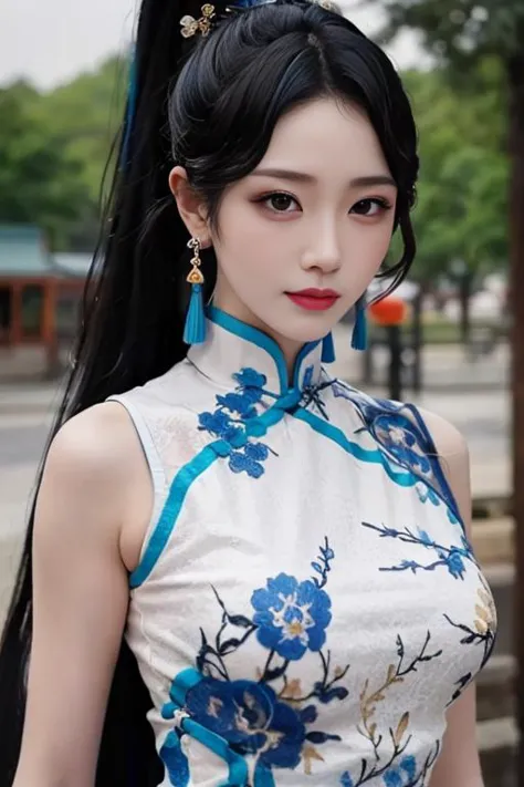 ltra-detailed,highly detailed,best quality,masterpiece,illustration,realistic,photorealistic,
yaodaoji, qinghuaci, 
1girl, solo, 
qipao, china dress, chinese clothes, 
ponytail, hair ornament, long hair, 
jewelry, earrings, 
looking at viewer, upper body, 
outdoors, nature, photo background, night, 
 <lora:yaodaoji_qhc_v1_08:0.6>