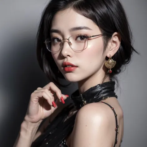 a korean woman with glasses, straight short black hair, red lips and earrings