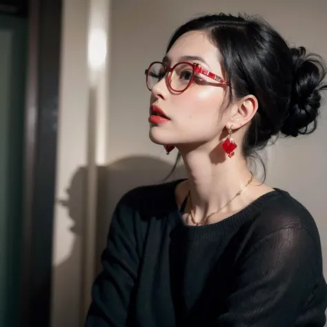 a woman with glasses, straight short black hair, red lips and earrings, american shot