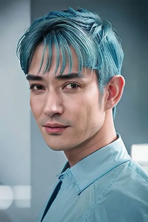 a close up of a person with a blue hair and a shirt