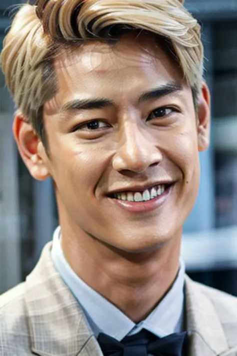 a close up of a man in a suit and bow tie smiling