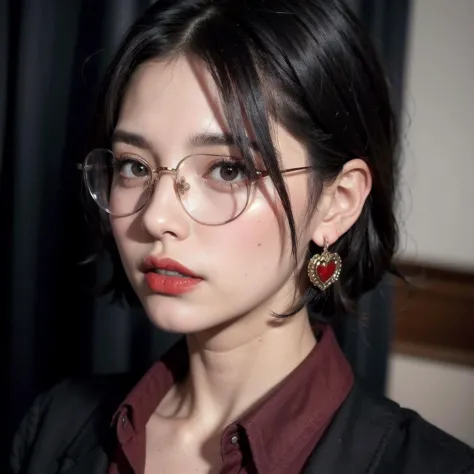 a woman with glasses, straight short black hair, red lips and earrings, american shot