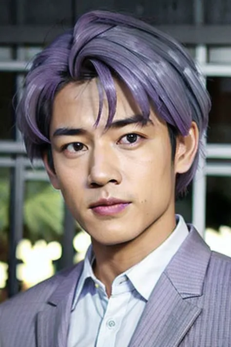 a close up of a man with purple hair wearing a suit