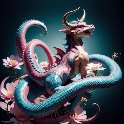 illustration of a cyan chinese dragon surrounded by pink flowers, the dragon has a long body akin to a snake, his long body curls forming a elegant image, the dragon skin is scaled, the dragon has a beautiful color, the dragon has horns, traditional chinese image aesthetic, mythological creature, dream world, Anne Stokes, dragon art, a detailed painting, fantasy art,