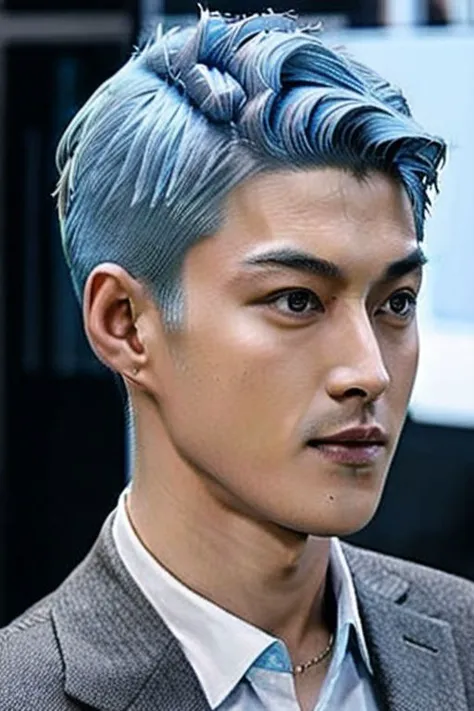 a close up of a man with a blue hair and a suit