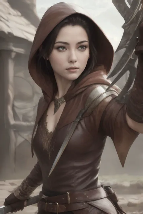 a woman in a hooded jacket holding a sword and a sword