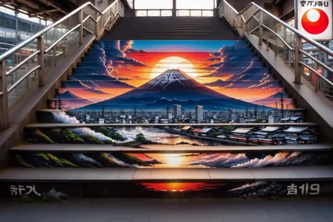 red rising sun over fuji on stairs of japanese train station <lora:stair-art2:1> stair-art, (high detailed skin:1.2), 8k uhd, ds...