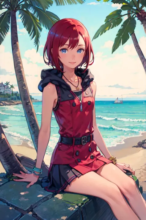 smile, wading, sea, ocean, beach, sitting in tree, palm tree,  <lora:kairi_v1:0.7>  cckairi, medium hair, necklace, bare shoulders, hoodie, buttons, sleeveless, bracelet, belt buckle, black belt, pink skirt, <lora:kuroboshi_kouhaku_style_v01:1>, absurdres, ultra detailed, masterpiece, best quality, aesthetic, detailed,