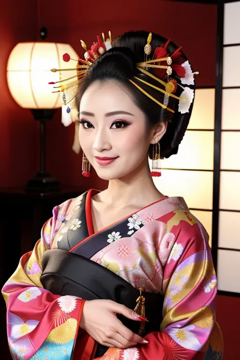 a close up of a woman in a kimono with a lamp