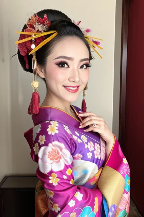 a woman in a purple kimono with a red flower in her hair