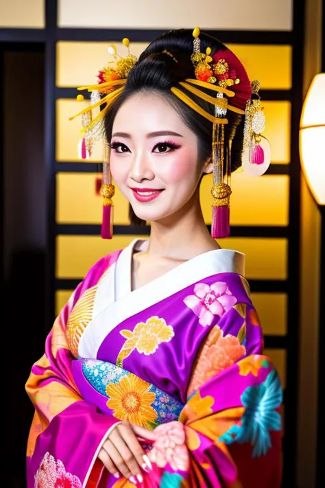 a woman in a kimono is posing for a picture