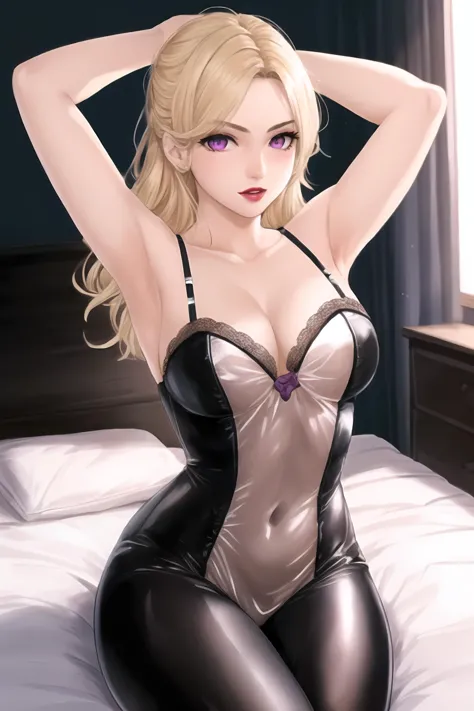bed, bodysuit, chest, dress, front, bedroom, transparent, wearing, woman, 8k, single subject, High quality,  blond hair, detailed body, detailed face, face of a young woman, cinematic lighting, beautiful composition,  <lora:bunnysuit:0.8> translucent bunny...