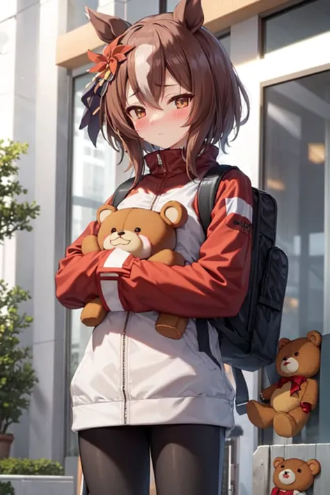 anime girl with a backpack and a teddy bear