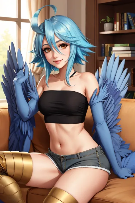 (masterpiece, best quality:1.2), solo, 1girl, mmpapi, smile, looking at viewer, ahoge, feathered wings, winged arms, black tube top, short shorts, talons, indoors, living room <lora:monstermusume_papi-11:1>