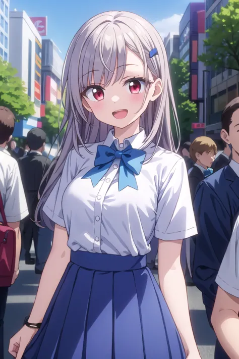 anime girl in a school uniform walking down a crowded street