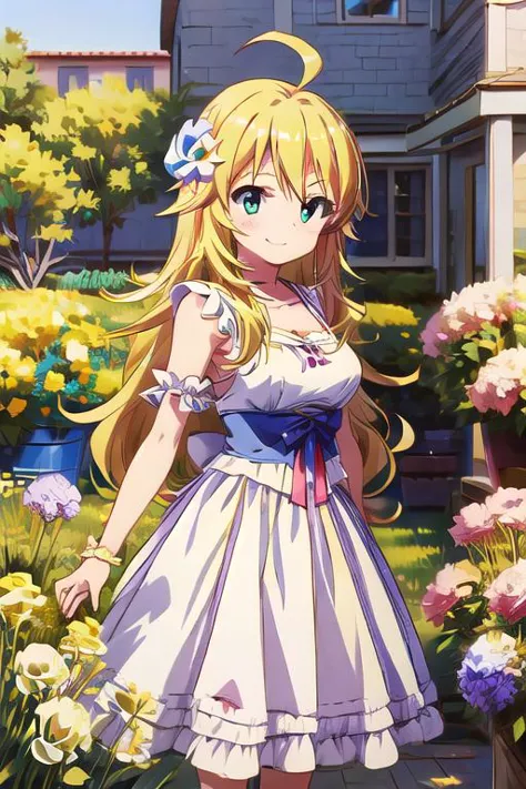 obra de arte,melhor qualidade,ultra detalhe,,1 garota, tronco,Pose elegante ,hoshii miki,Ahoge,cabelo loiro,feliz,sorriso,corar,Jardim de flores,Balão de fala,ar livre,vestido de menina 