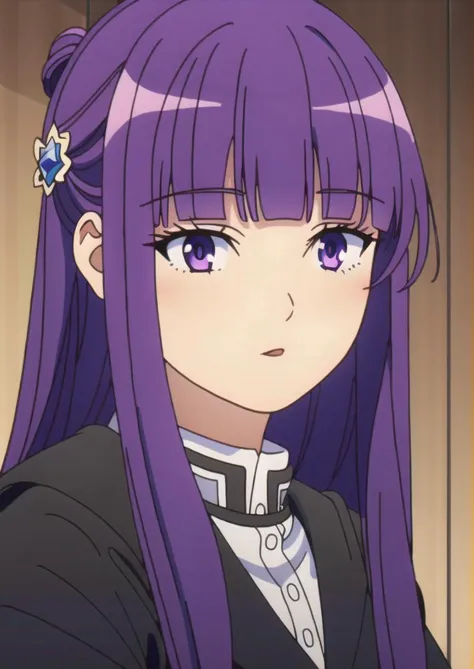 <lora:ç å½é£:0.8>,guofeng,
<lora:è²ä¼¦1Ve:0.8>,1girl,solo,purple hair,long hair,purple eyes,blunt bangs,sidelocks,half updo,bright pupils,hair ornament,HDR,UHD,8K,best quality,