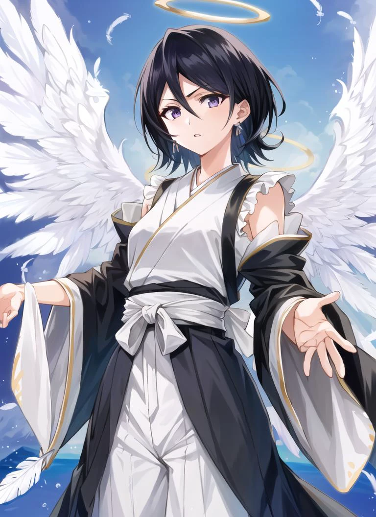 ((best quality)), ((highly detailed)), masterpiece, ((official art)), (detailed eyes, deep eyes), (1girl), AngelT, halo, large feather wings, kuchiki rukia, short hair, black hair, purple eyes, small breasts, japanese clothes, hakama pants, black kimono, sash